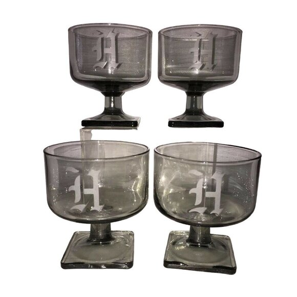 4 Square Base Smoke Glasses Monogram H Atomic Cocktail Bar Ware Vtg Mid Century - Picture 1 of 6
